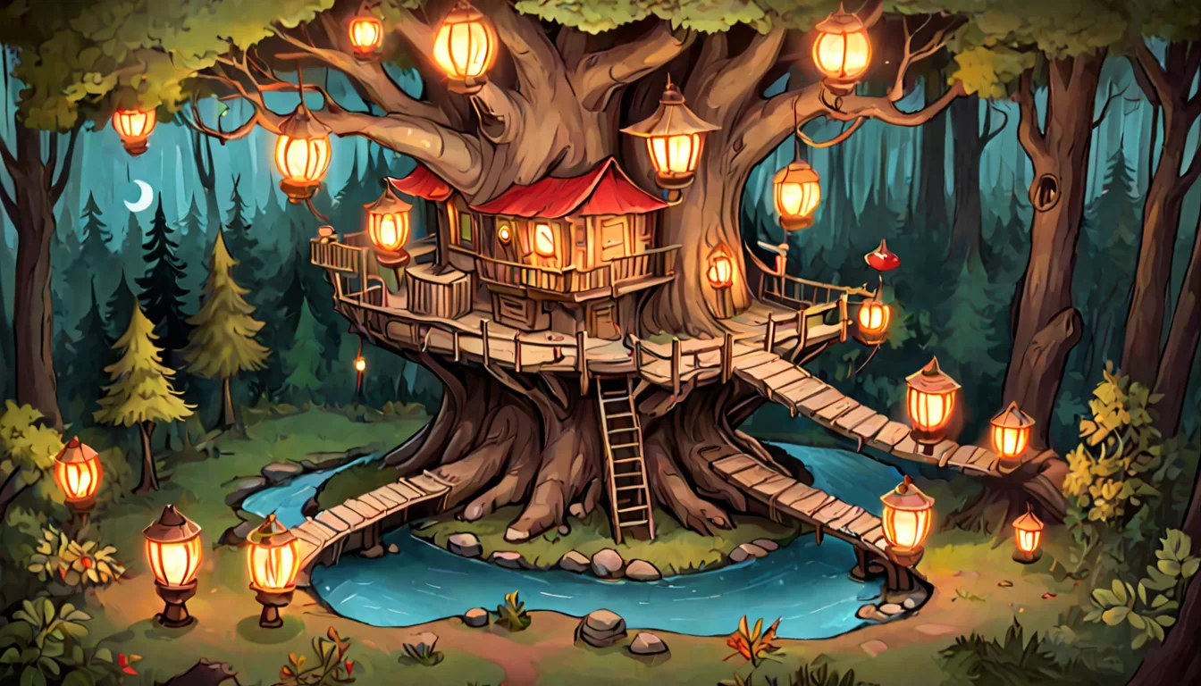 A lantern-lit treehouse base at night in a dark forest full of red eyes
